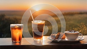 caffeine containing drink in glass with sunset in background. Highly detailed and realistic concept design illustration