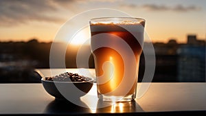 caffeine containing drink in glass with sunset in background. Highly detailed and realistic concept design illustration