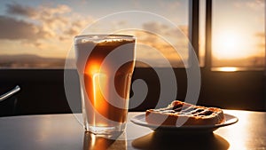 caffeine containing drink in glass with sunset in background. Highly detailed and realistic concept design illustration