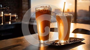 caffeine containing drink in glass with sunset in background. Highly detailed and realistic concept design illustration