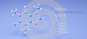 Caffeine, Guaranine. molecular structures, 3d rendering, Structural Chemical Formula and Atoms with Color Coding