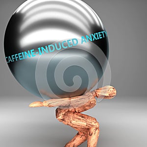 Caffeine induced anxiety  as a burden and weight on shoulders - symbolized by word Caffeine induced anxiety  on a steel ball to