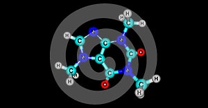 Molecular structure of Caffeine isolated on black