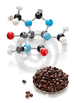 Caffeine molecule with coffee beans