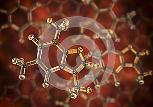 Caffeine molecule, illustration. Caffeine is found in coffee, tea, energy drinks, is used in medicine