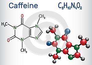 Caffeine molecule. Structural chemical formula and molecule mode