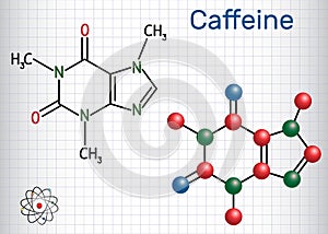 Caffeine molecule. Structural chemical formula and molecule mode