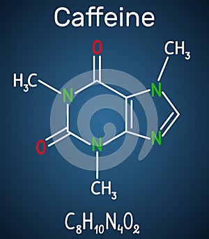 Caffeine molecule. Structural chemical formula and molecule mode
