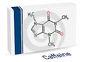 Caffeine, purine alkaloid, psychoactive drug molecule. Paper packaging for drugs