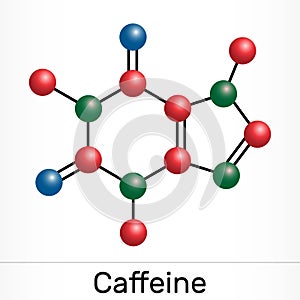 Caffeine, purine alkaloid, psychoactive drug molecule. Paper packaging for drugs