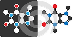 Caffeine stimulant molecule, flat icon style. Stylized rendering. Atoms shown as color-coded circles (oxygen - red, nitrogen -