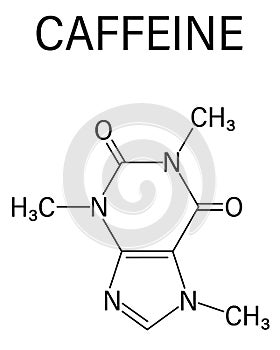 Caffeine stimulant molecule. Present in coffee, tea and many soft and energy drinks. Skeletal formula.