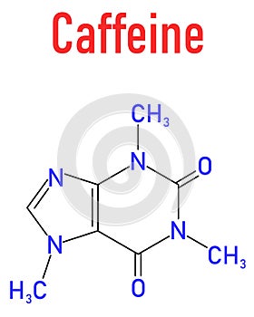 Caffeine stimulant molecule. Present in coffee, tea and many soft and energy drinks. Skeletal formula.