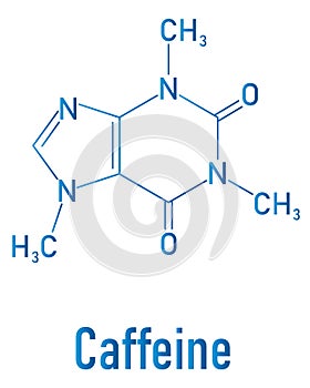 Caffeine stimulant molecule. Present in coffee, tea and many soft and energy drinks. Skeletal formula.