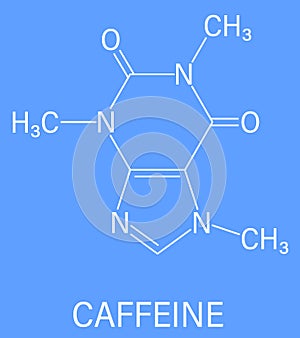 Caffeine stimulant molecule. Present in coffee, tea and many soft and energy drinks. Skeletal formula.