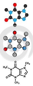 Caffeine stimulant molecule. Present in coffee, tea and many soft and energy drinks. Stylized 2D rendering and conventional