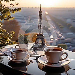 CafÃÂ© au Matin: The Eiffel Tower as a Backdrop to Morning Coffee photo
