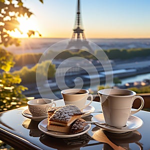 CafÃÂ© au Matin: The Eiffel Tower as a Backdrop to Morning Coffee photo