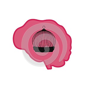 Cage for birds inside the pink human brain on an isolated white background.