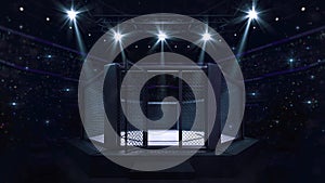 Cage fight arena with opened door. Interior view of fighting arena with fans and shining spotlights.