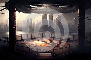 cage fight arena with view of the city skyline, providing a dramatic and unconventional battleground for ruthless