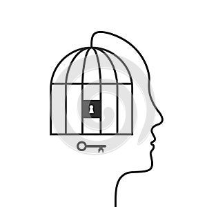 Cage and human head silhouette with face outline concept.