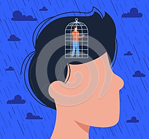 Cage in man head vector illustration, cartoon flat lonely depressed caged male character standing inside human head in