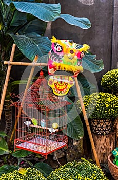 cage with parrots and dragon head with decor as symbol of wealth in the market for Tet Lunar New Year