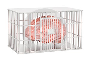 Cage, prison cell with a brain inside, 3D rendering