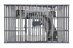 Cage, prison cell with gun, 3D rendering