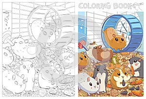 Caged hamsters. Funny cartoon character. Coloring book