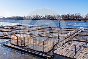 Cages for fish farming in the natural river