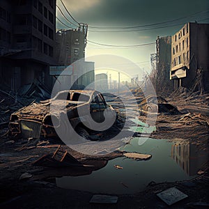 cagey image of devastated abandoned postapocalyptic city
