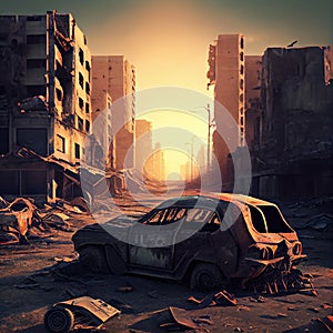 cagey image of devastated abandoned postapocalyptic city