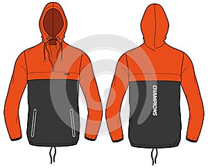 Cagoule Anorak Hoodie jacket design flat sketch Illustration, Hiking Hooded utility jacket with front and back view, winter jacket
