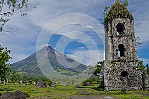 Cagsawa Church with famous Mount Mayon in photo