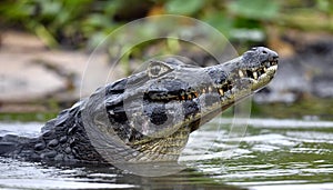Caiman in the water. The yacare caiman Caiman yacare, also known commonly as the jacare caiman. Side view. Natrural habitat. photo