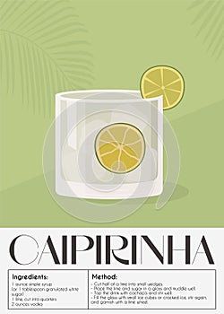 Caipirinha Cocktail garnished with slice of lemon and lime wedges. Classic alcoholic beverage recipe. Summer aperitif