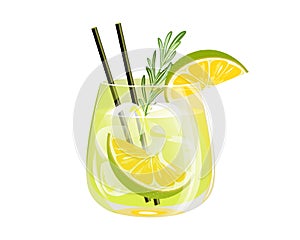 Caipirinha cocktail. Summer cocktail with lime, ice cubes and rosemary.