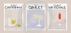 Caipirinha, Gimlet and Kir Royale Cocktail. Classic alcohol beverage recipe. Set of modern trendy graphic print in muted