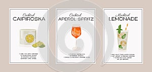 Caipiroska, Aperol Spritz Cocktail and Lemonade Mocktail. Classic alcohol beverage recipe with ingredient. Modern trendy
