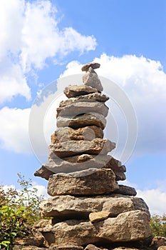 Cairn in front of blue and white sky