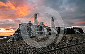 Cairn of General Milan Rastislav Stefanik on sunset and cloudy sky in Brezova pod Bradlom town. Old historic landmark UNESCO.