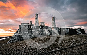 Cairn of General Milan Rastislav Stefanik on sunset and cloudy sky in Brezova pod Bradlom town. Old historic landmark UNESCO.