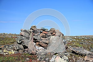 Cairn or meat cache structure near Baker Lake, Nunavut