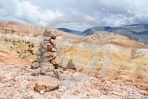 A cairn of stones. Valley of Mars landscapes in the Altai Mountains