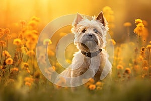 Cairn terrier dog sitting in meadow field surrounded by vibrant wildflowers and grass on sunny day ai generated