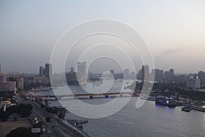 Cairo cityscape with Nile river at sunset