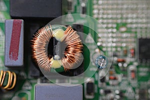 Cairo, Egypt, April 13 2023: interior of LED TV Television main board that contains wires, transformers, resistance, IC and