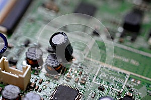 Cairo, Egypt, April 13 2023: interior of LED TV Television main board that contains wires, transformers, resistance, IC and